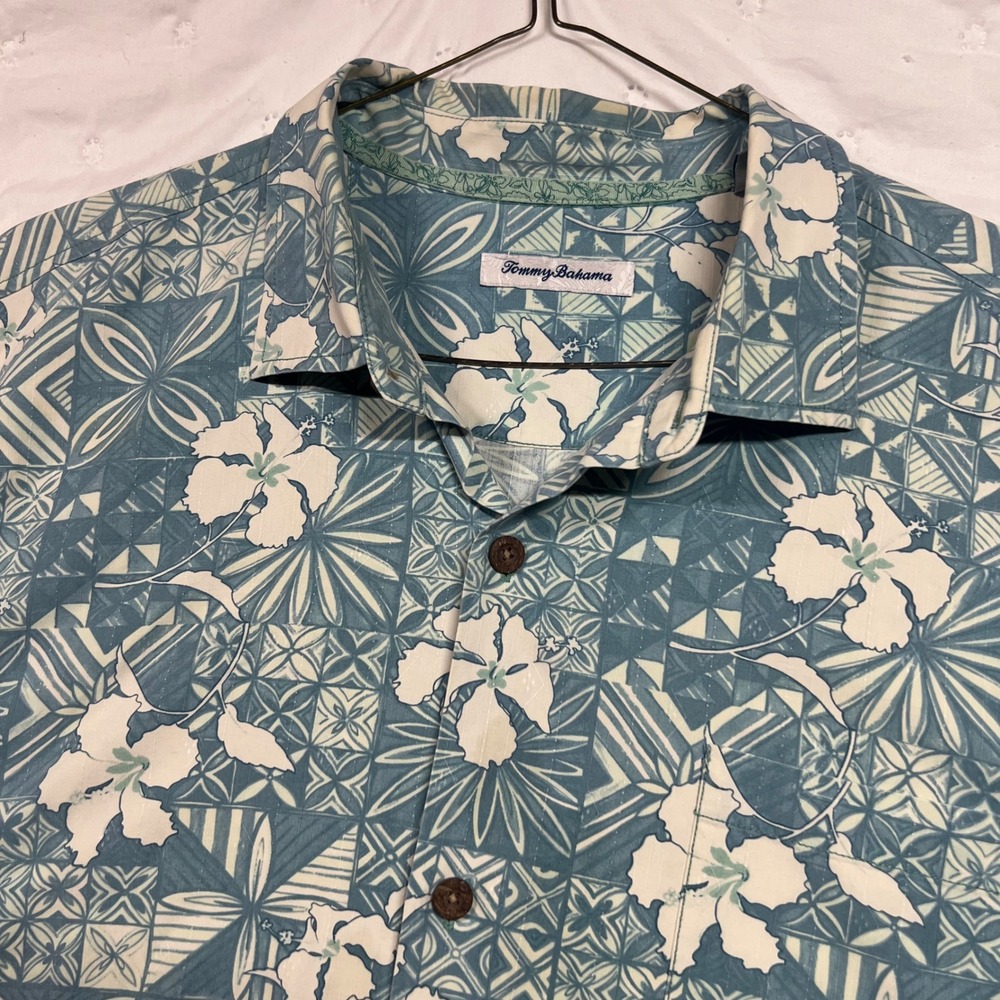Tommy Bahama Mens XXL Blue Floral Silk Coolmax Short Sleeve Button Down Shirt